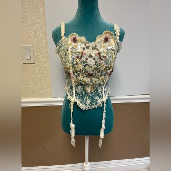 Vintage Rare Gold Label  1990s Ivory Hand-Beaded Lace Corset Bustier‎ - Picture 3 of 13